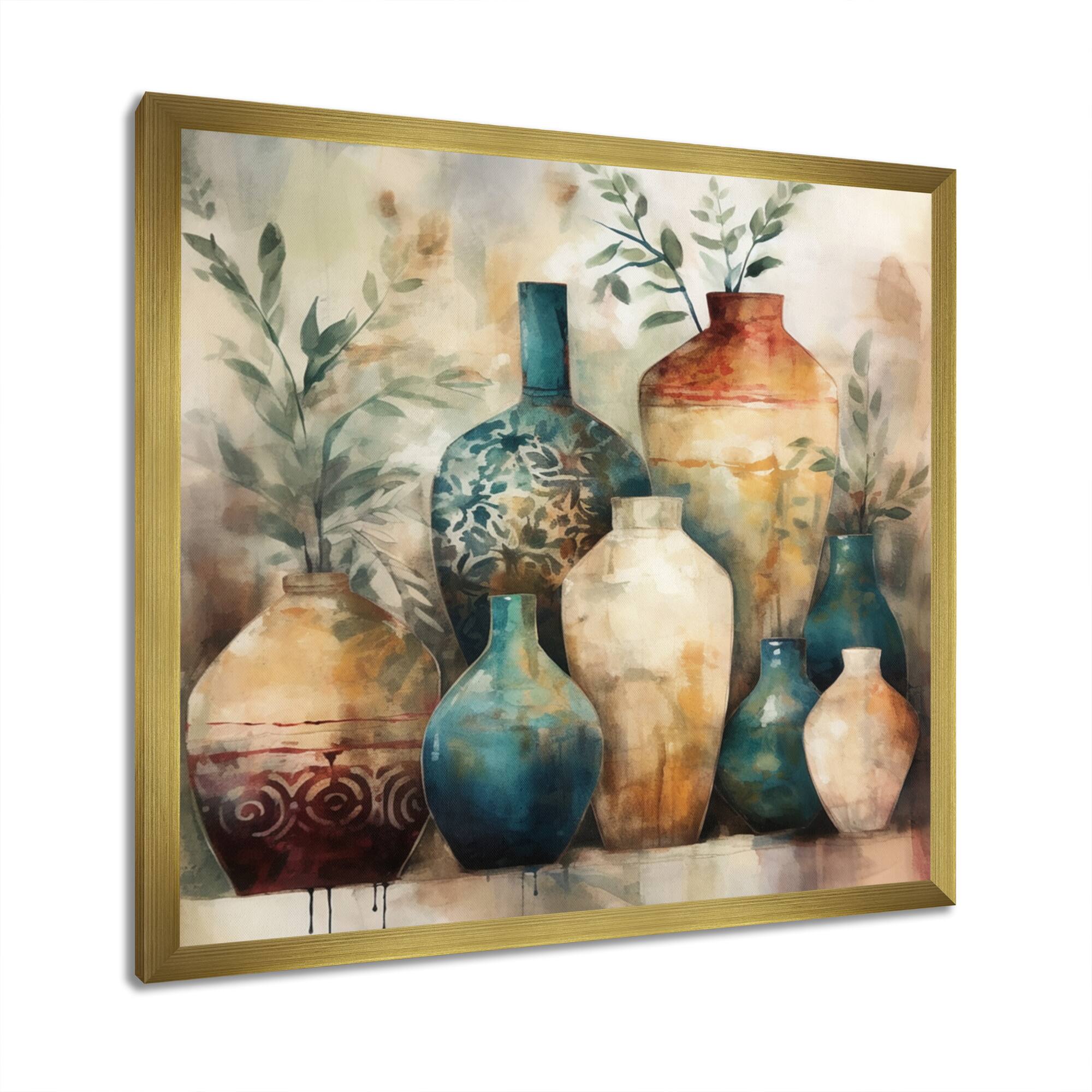 Designart "Green And Orange Artisanal Boho Pottery I" Boho Pottery Framed Canvas Art Print